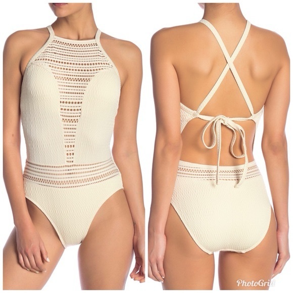 Robin Piccone Crochet High Neck One Piece Swimsuit Ivory Textured Size 10 - Picture 1 of 4